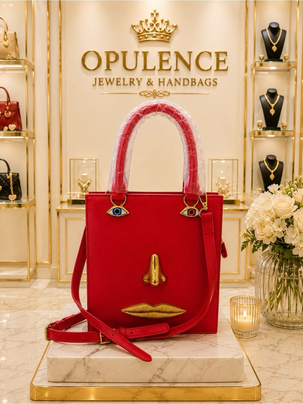 Red Sculptural Face Tote Bag -